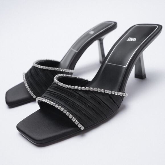 New Zara Crystal Trim Open Square Toe Black Satin Mule Slide Sandals Size 6.5 - Picture 2 of 15